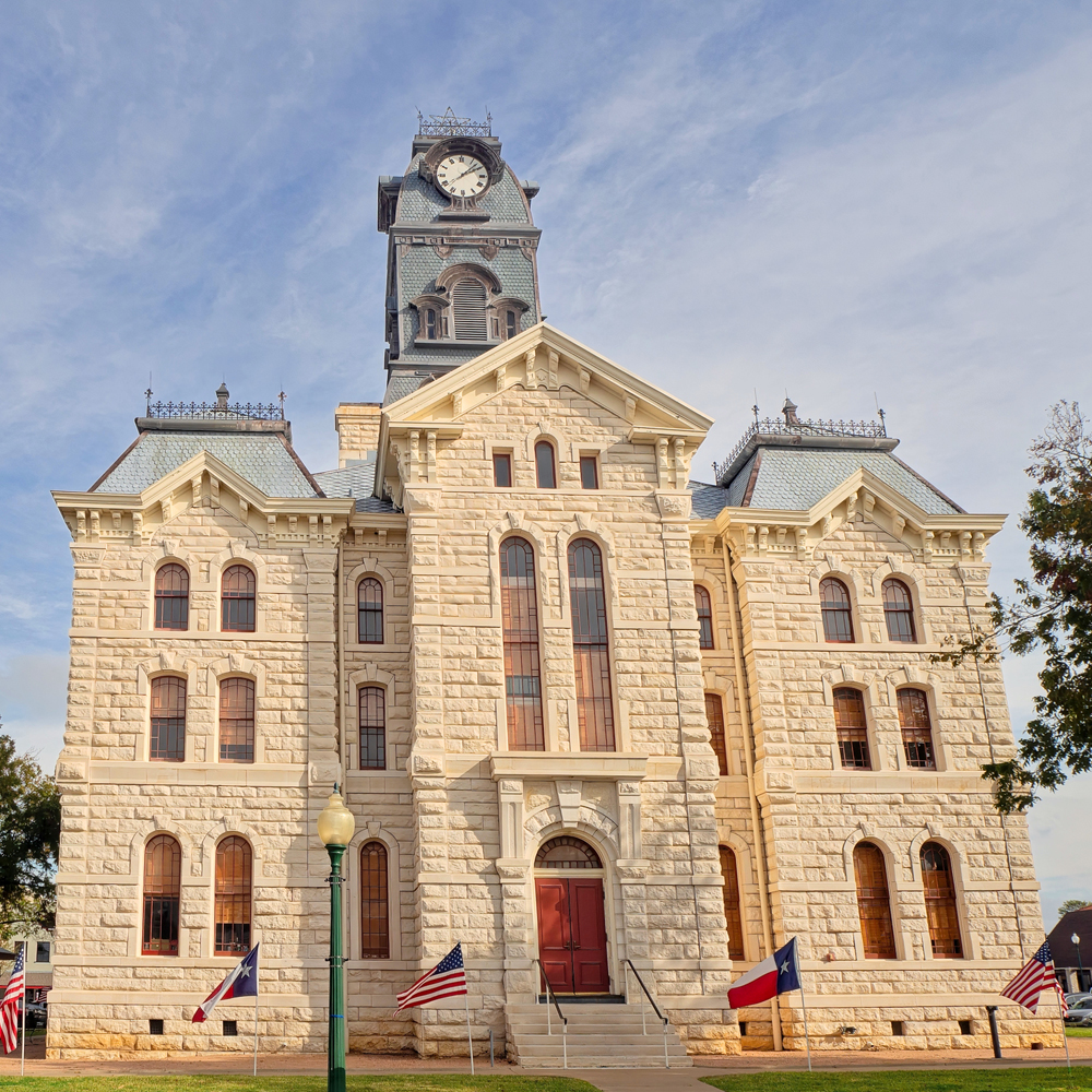 Historic Hood County Courthouse overlooking the downtown square in Granbury, Texas